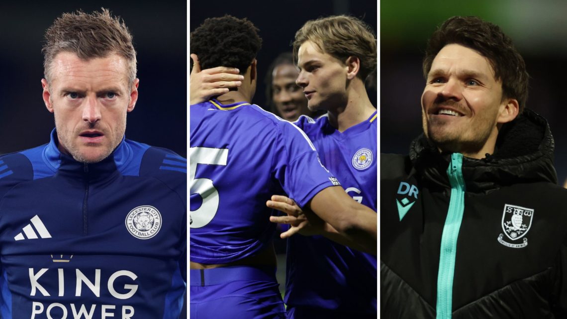 Jamie Vardy (L) warms up for Leicester City ahead of a match. Leicester City's U21s celebrate a goal (Centre). Sheffield Wednesday manager Danny Ro...